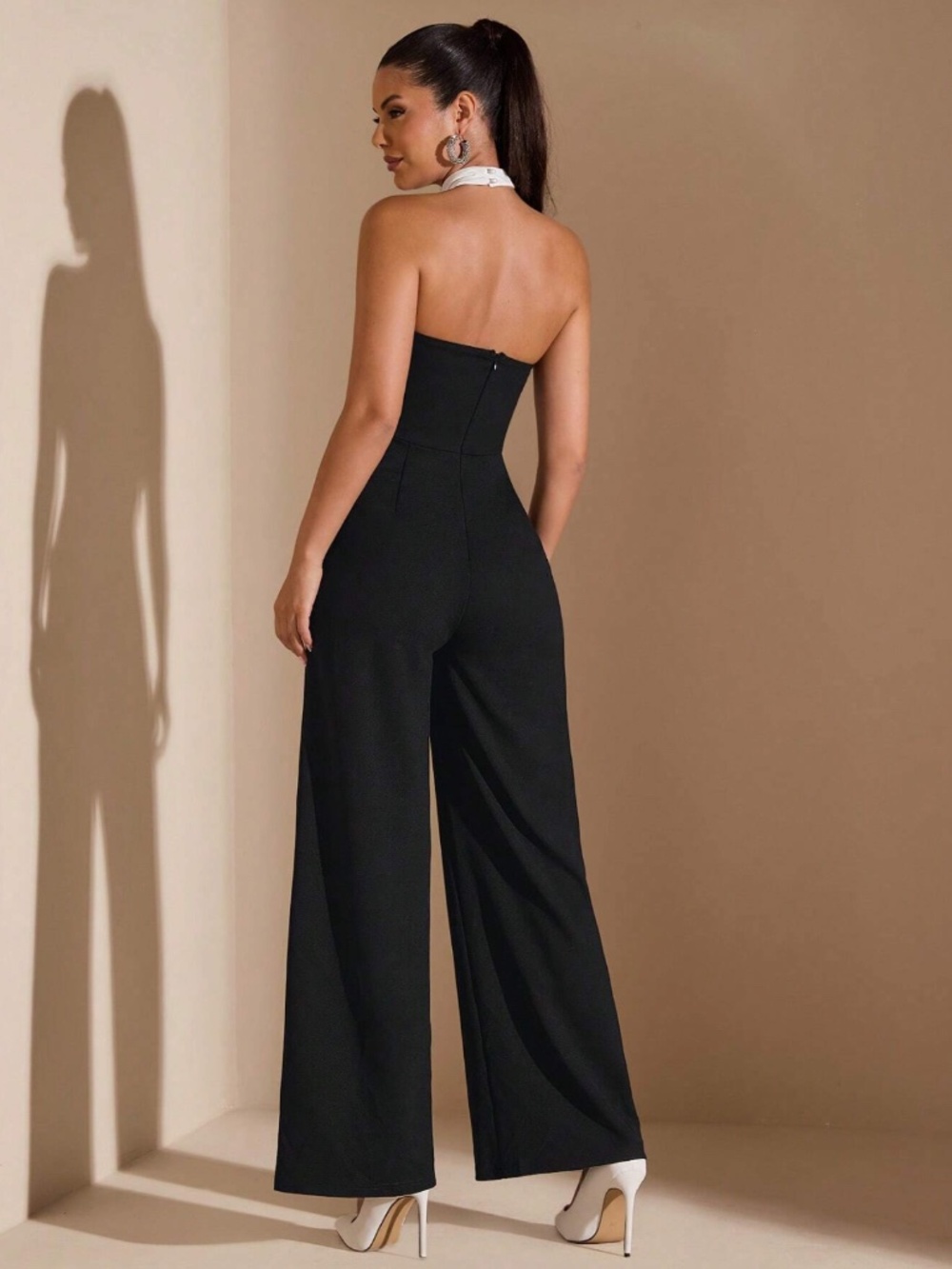Asymmetrical White Halter Black Elegant Jumpsuit Zipper Closure - Picture 4 of 8